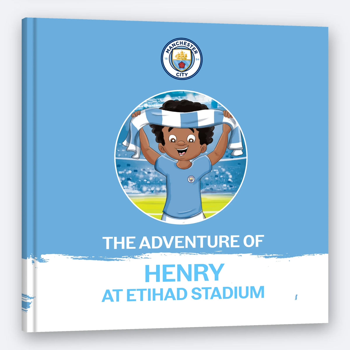 The Manchester City Personalised Book, a square hardback printed with the child's name on the cover.