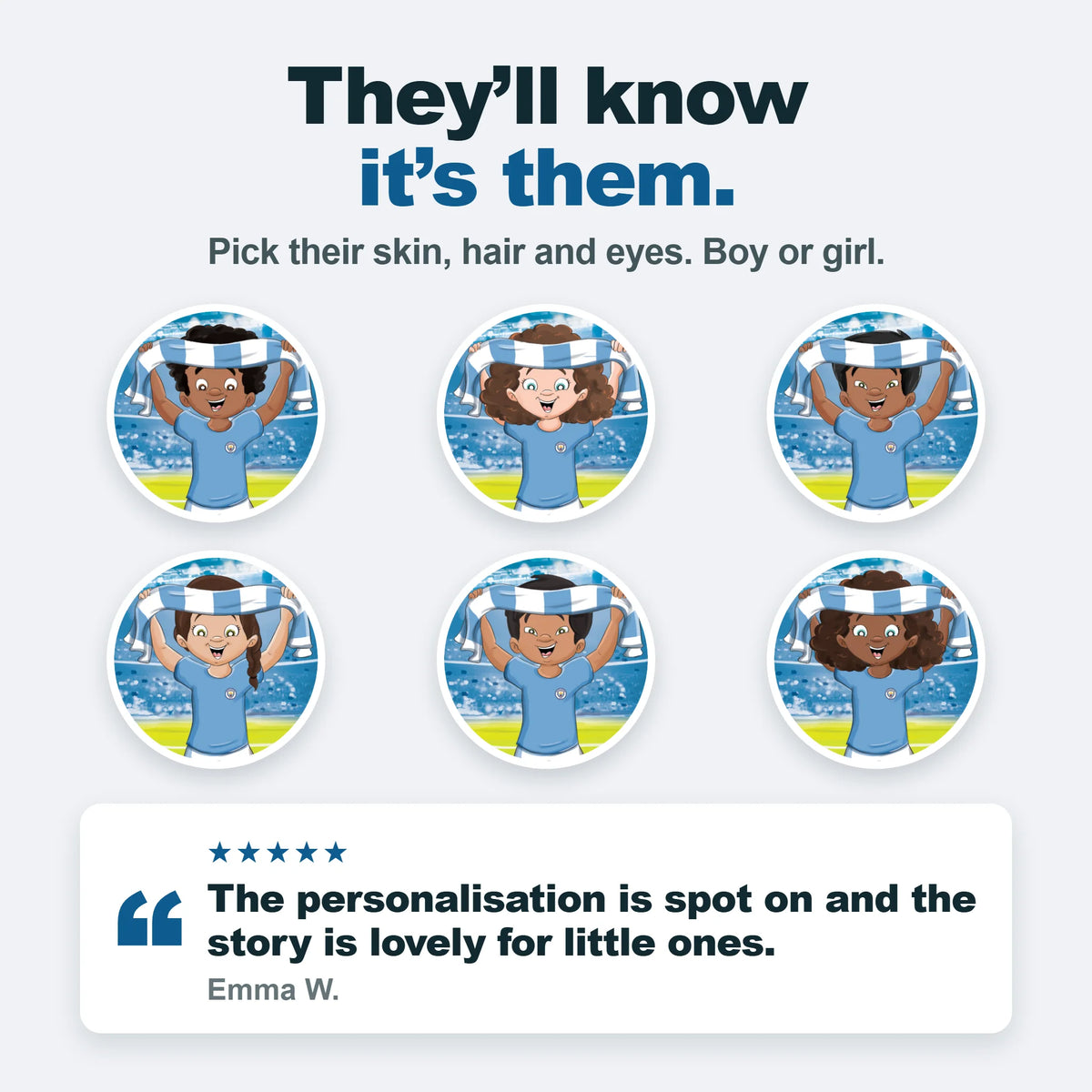 Six of the Manchester City characters you can build: three girls and three boys, in all six skin tones.
