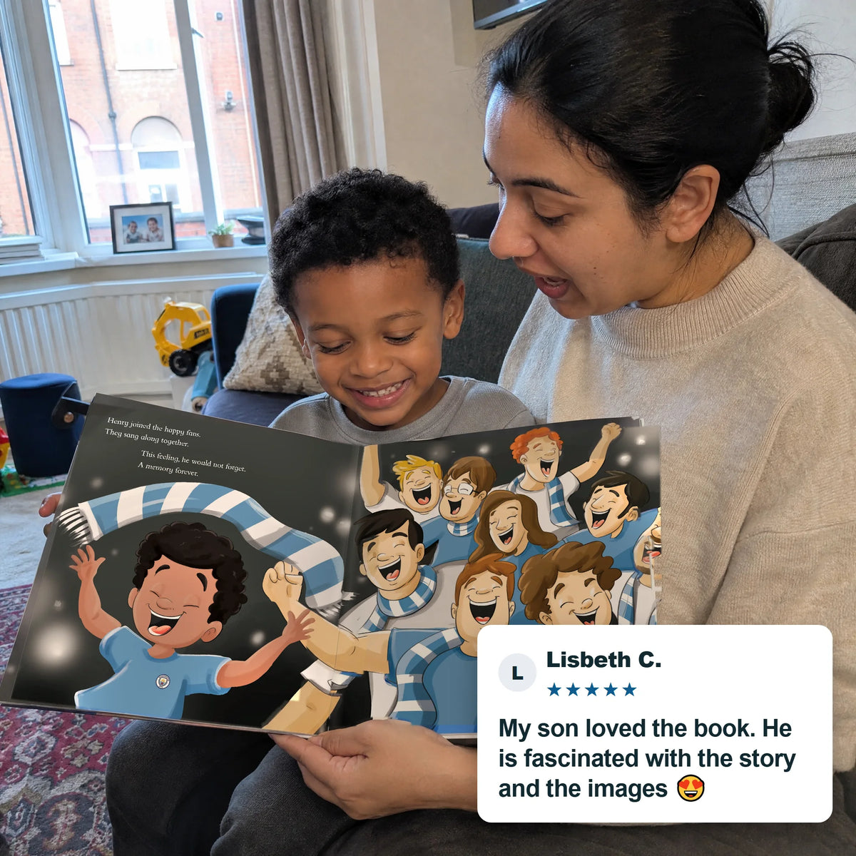 A mother and son reading the Manchester City Personalised Book together, with a five-star customer review.