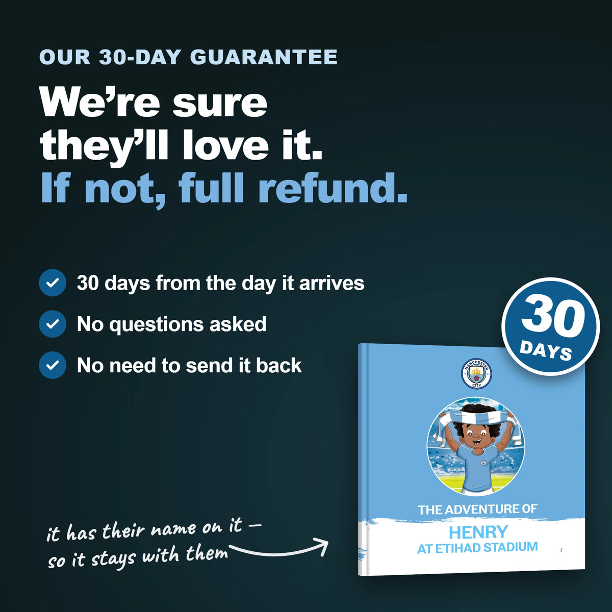 Our 30-day guarantee on the Personalised Book: 30 days from delivery, no questions asked and no need to send it back.