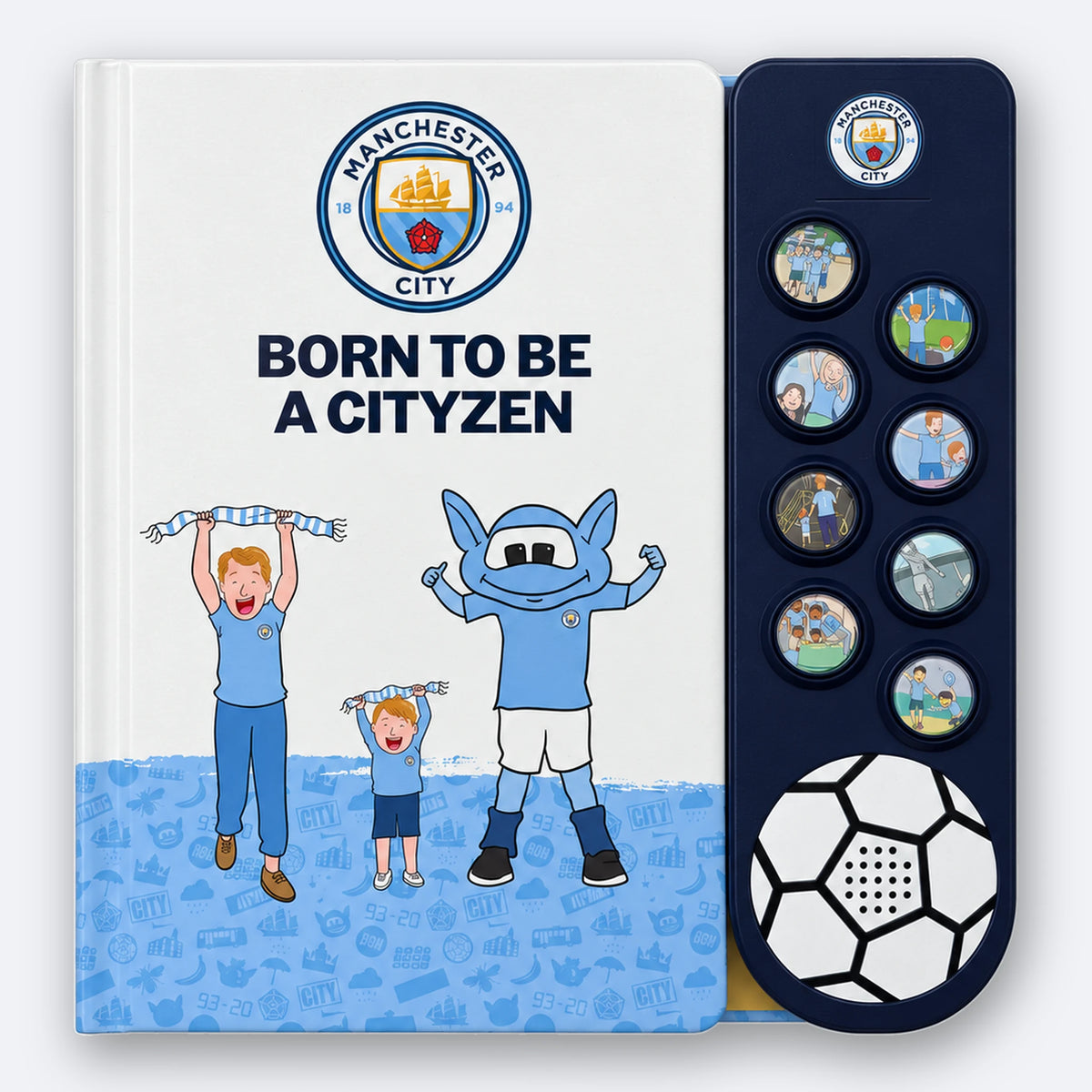 Manchester City Fan Chants Sound Book, closed, showing the cover and the eight illustrated sound buttons on the moulded panel.