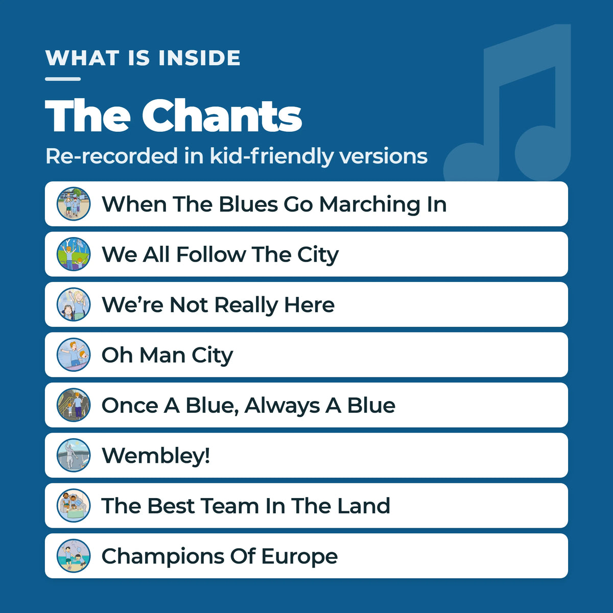 Die acht Manchester-City-Gesänge im Sound Book, jeder neben seiner eigenen illustrierten Soundtaste: When The Blues Go Marching In, We All Follow The City, We're Not Really Here, Oh Man City, Once A Blue Always A Blue, Wembley!, The Best Team In The Land, Champions Of Europe.