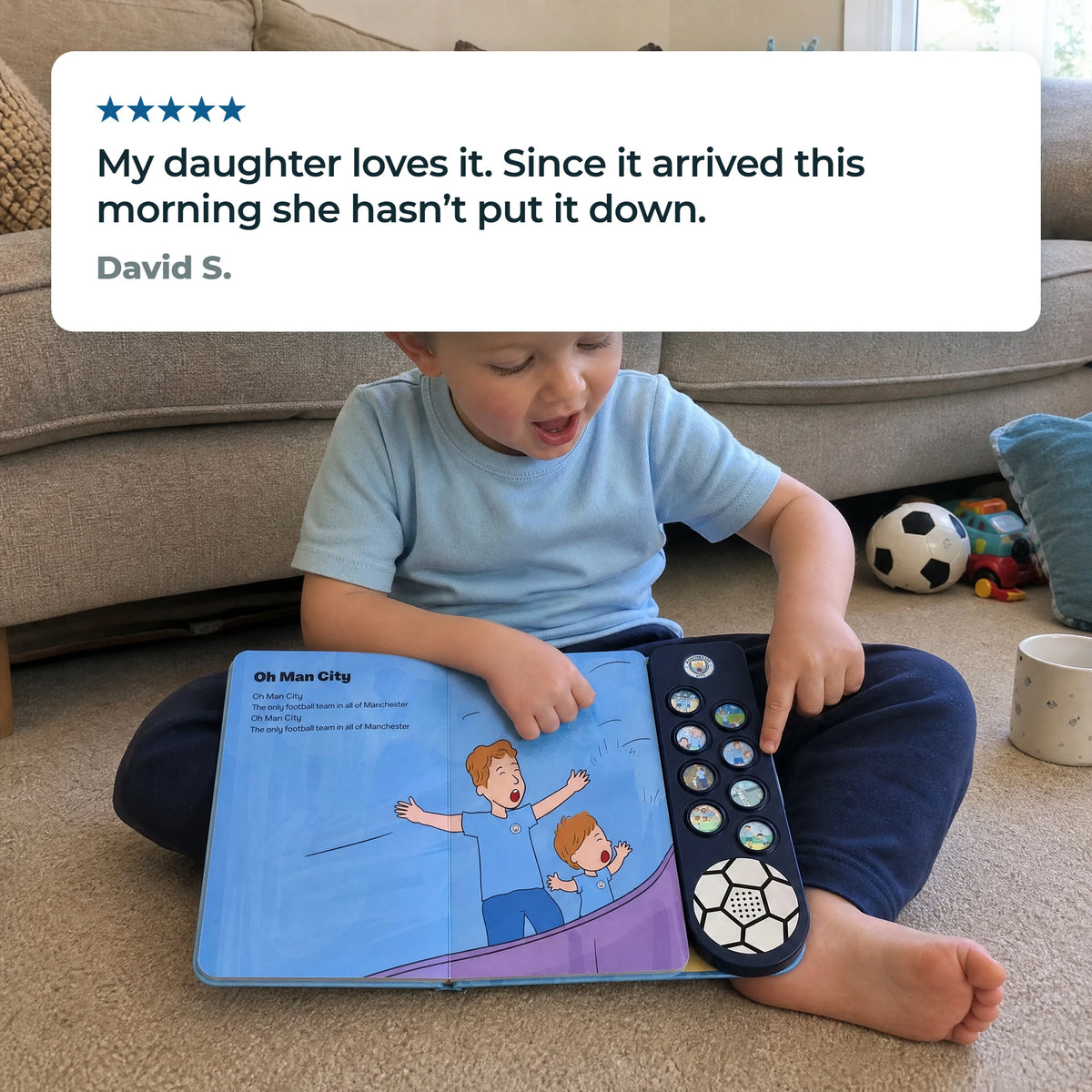 A young child in a plain sky-blue top with the Sound Book open on their lap, a fingertip on one of the sound buttons, beside a five-star customer review.