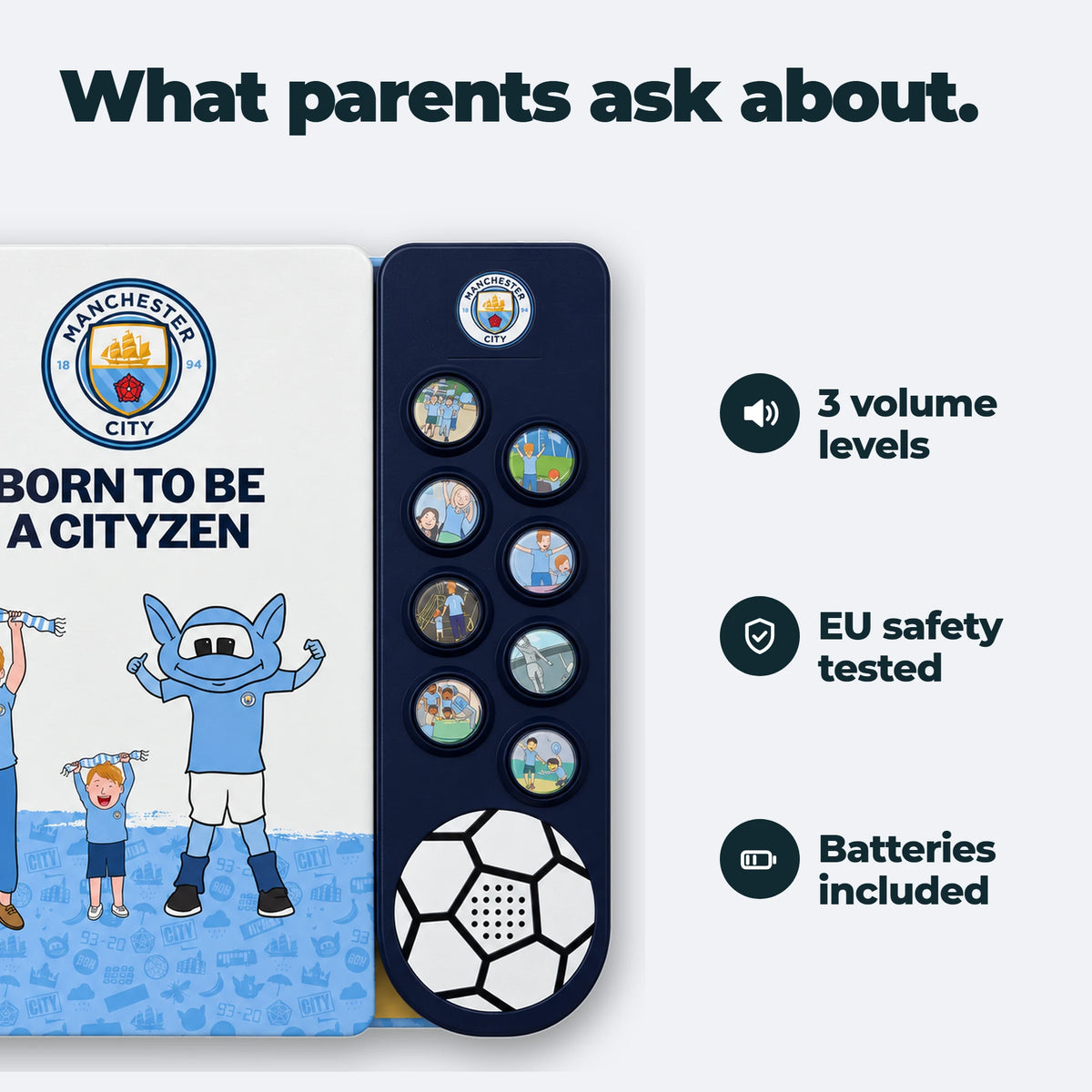 The Manchester City Sound Book beside the three things parents ask about: three volume levels, tested to EU safety standards, batteries included.
