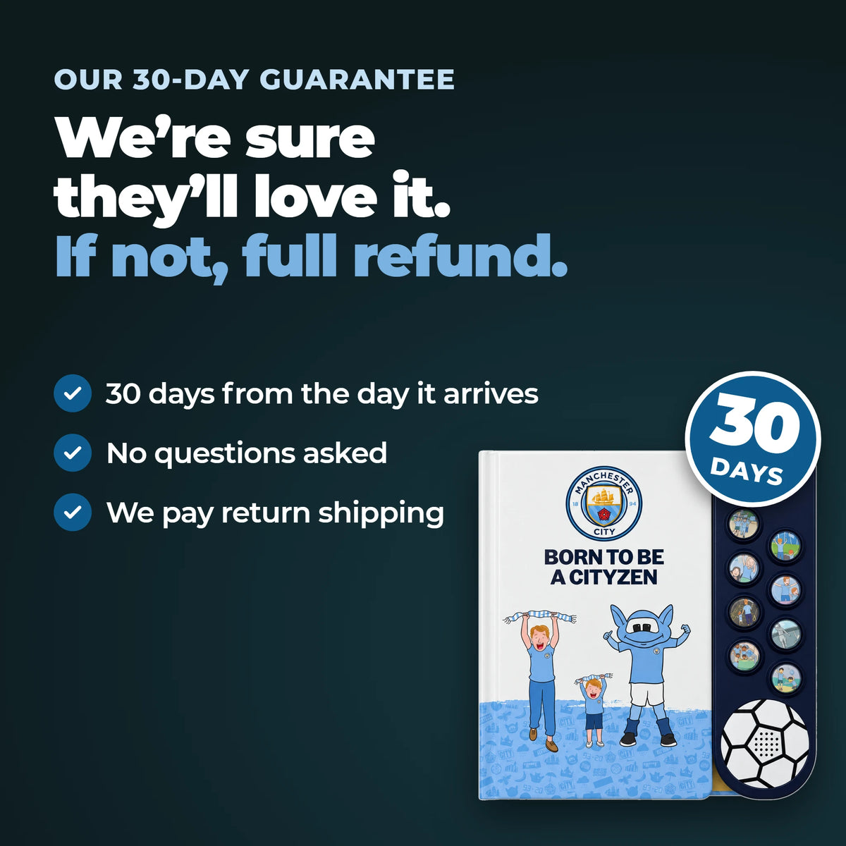 Our thirty-day guarantee on the Manchester City Sound Book: thirty days from the day it arrives, no questions asked, and we pay return shipping.
