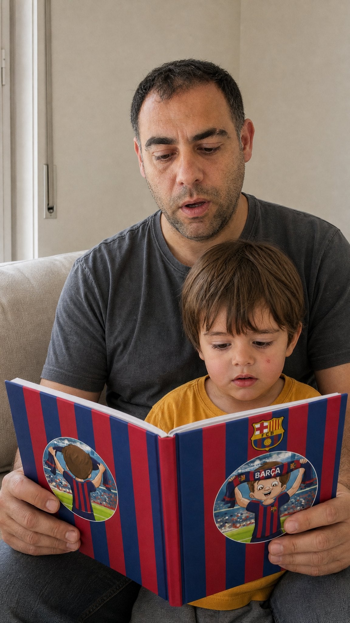 Un padre leyendo el libro personalizado con su hijo en el regazo