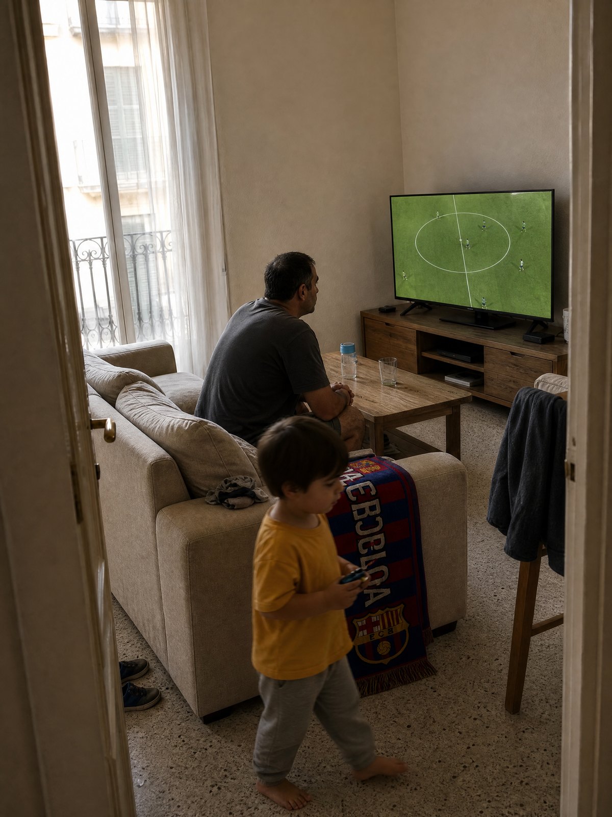 Un padre viendo el partido en el sofá mientras su hijo pasa por delante
