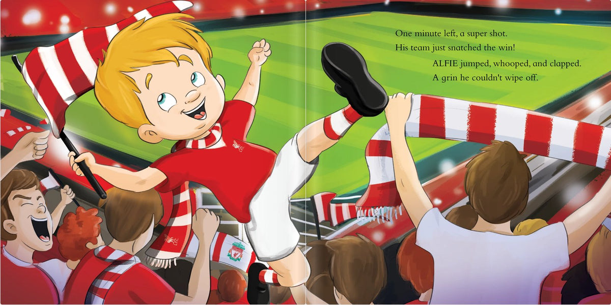 The spread in the Liverpool Personalised Book where Alfie jumps as his team scores the winner