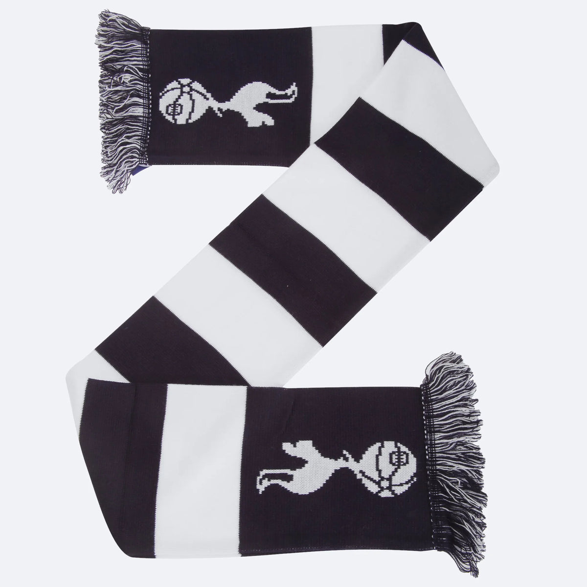 Bar-Schal von Tottenham Hotspur in Marineblau und Weiß mit dem Hahn-Wappen an beiden Enden, auf grauem Grund