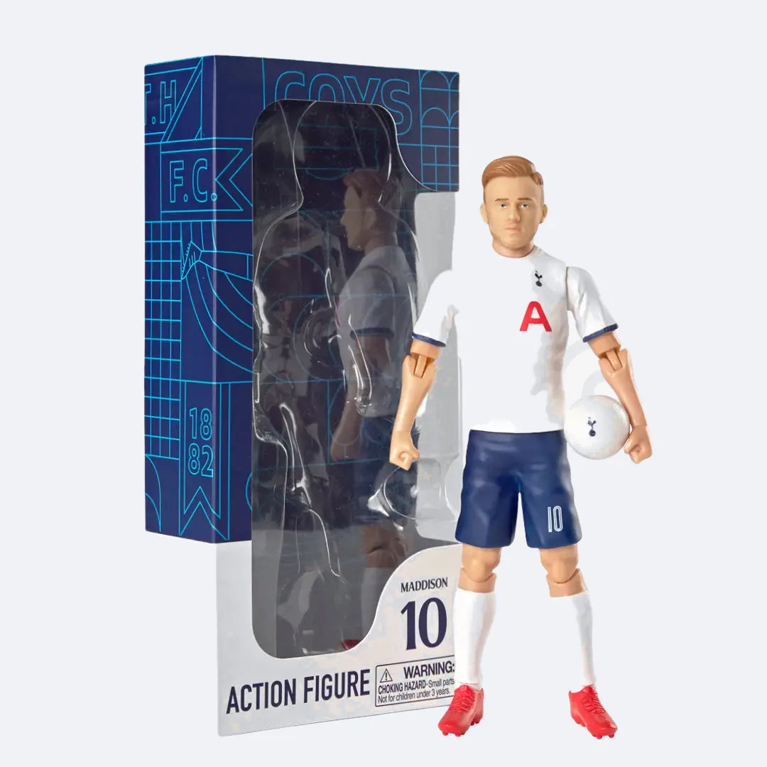 Actionfigur von James Maddison von Tottenham Hotspur neben ihrer Box, auf grauem Grund