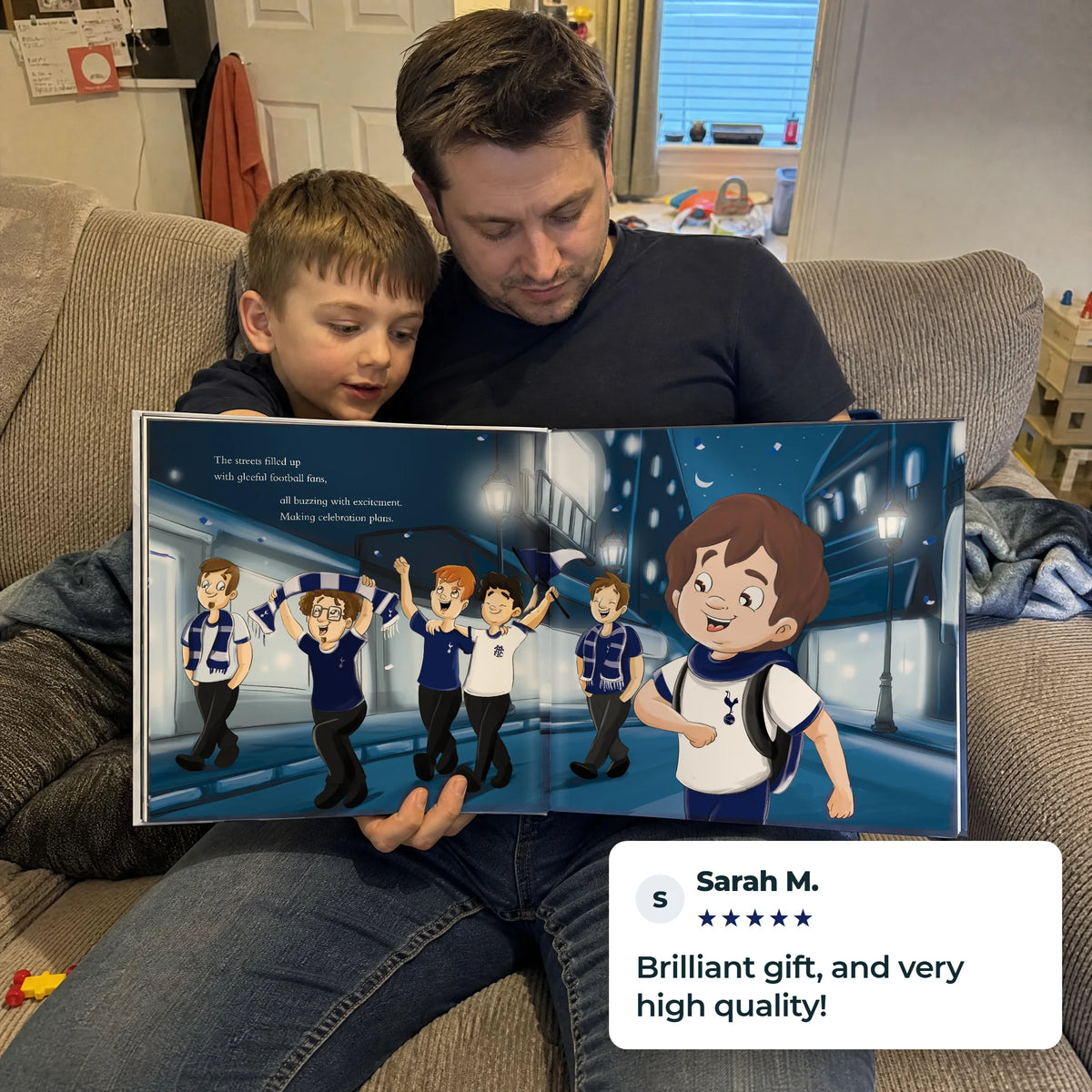 A parent and child reading the Spurs Personalised Book together, with a five-star customer review.