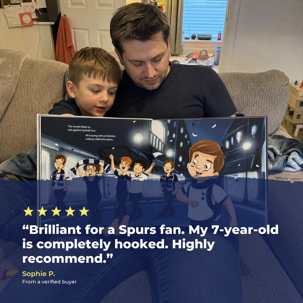 A father and his son on the sofa reading the Tottenham Hotspur Personalised Book together, over a five-star review from a verified buyer.