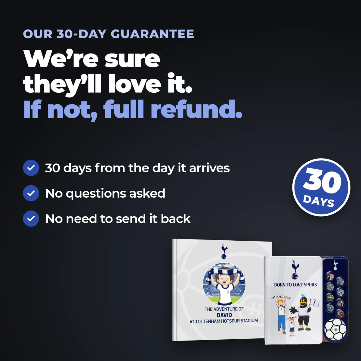 Our 30-day guarantee on the set: 30 days from the day it arrives, no questions asked, no need to send it back.