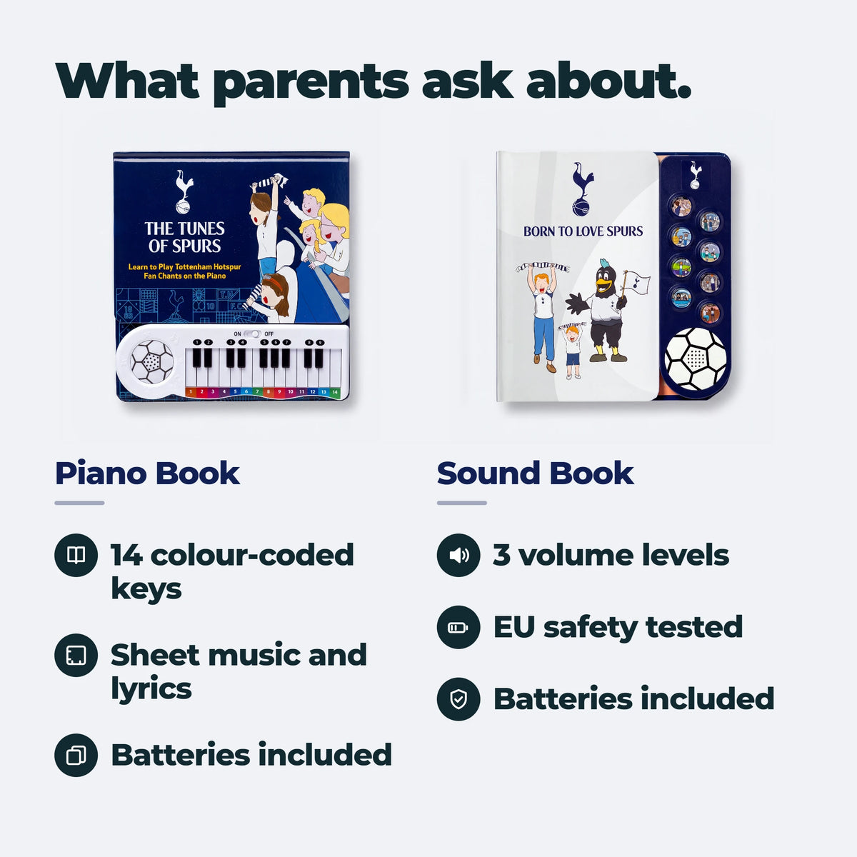 Quello che chiedono i genitori sul set: il Libro di Pianoforte ha quattordici tasti colorati, spartiti e testi; il libro sonoro ha tre livelli di volume ed è testato secondo la norma europea sulla sicurezza. Le pile sono incluse in entrambi.