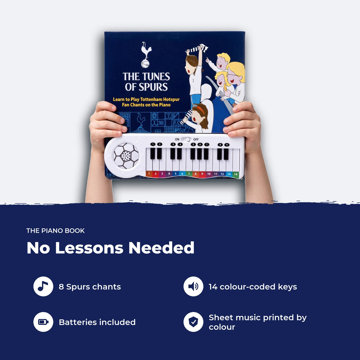 Two hands holding the Tottenham Hotspur Piano Book, showing its size, with four features listed beside it.