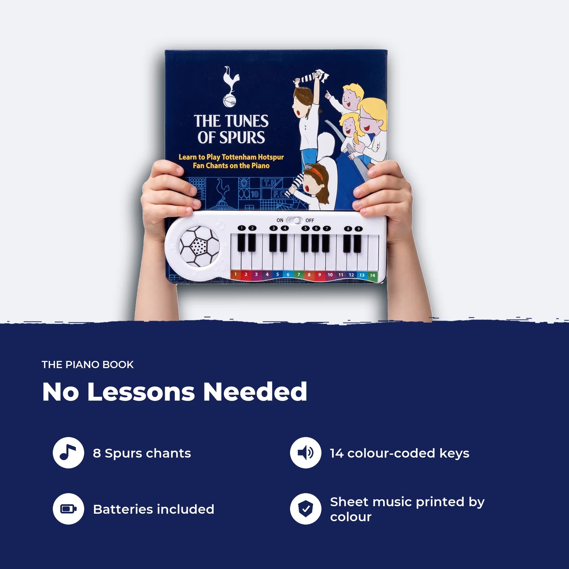 Two hands holding the Tottenham Hotspur Piano Book, showing its size, with four features listed beside it.