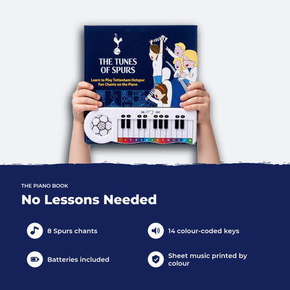 Two hands holding the Tottenham Hotspur Piano Book, showing its size, with four features listed beside it.