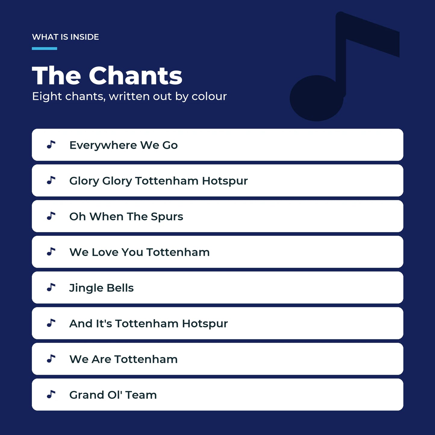 The eight Tottenham Hotspur chants in the Piano Book, written out as colour-coded notes.