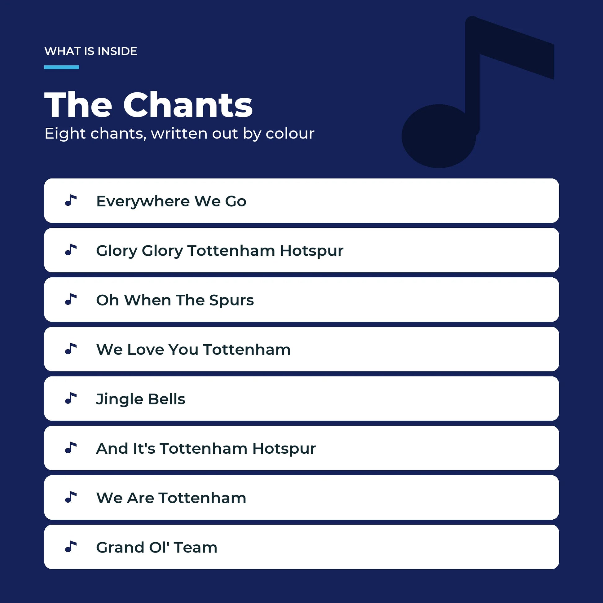 The eight Tottenham Hotspur chants in the Piano Book, written out as colour-coded notes.