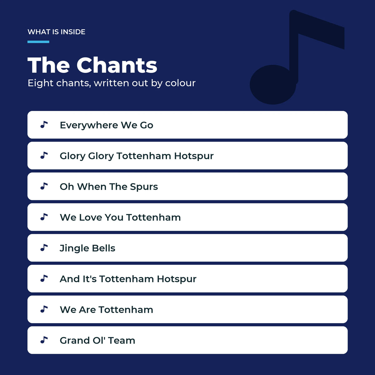 The eight Tottenham Hotspur chants in the Piano Book, written out as colour-coded notes.