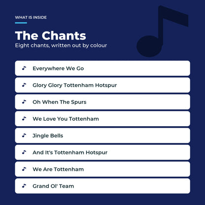 The eight Tottenham Hotspur chants in the Piano Book, written out as colour-coded notes.