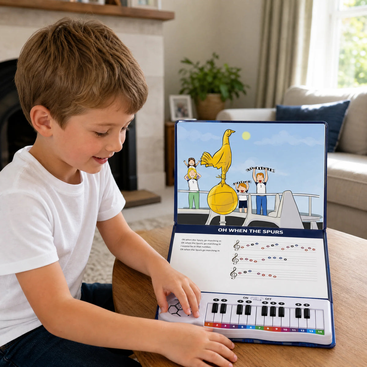 A boy at the coffee table playing the Tottenham Hotspur Piano Book, open at Oh When The Spurs, his fingers on the colour-coded keyboard built into the page.