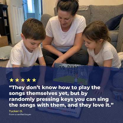 A mother and her two children on the floor with the Tottenham Hotspur Piano Book, over a five-star review from a verified buyer.