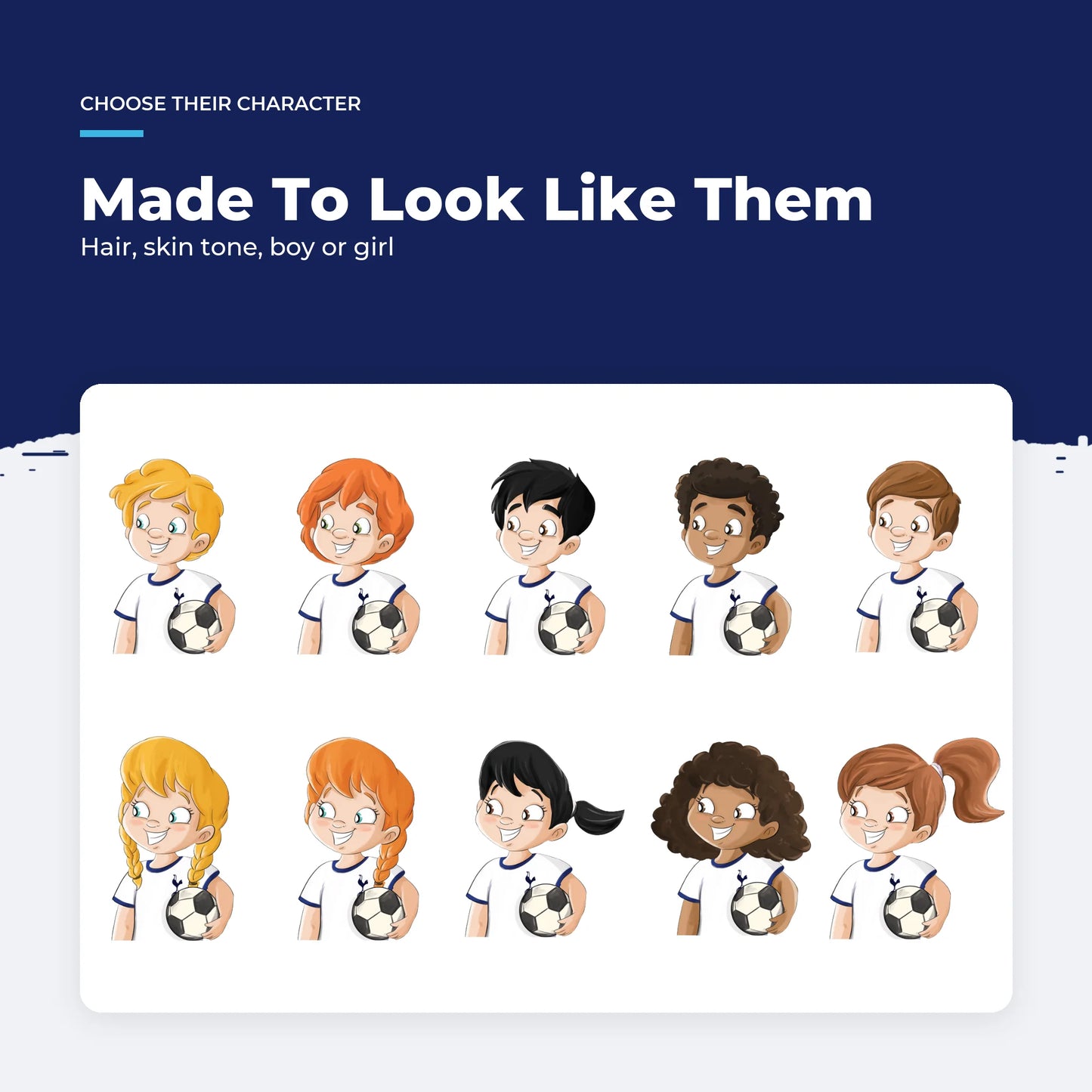 The ten Tottenham Hotspur character options in the Personalised Book — five hair options, boy or girl.
