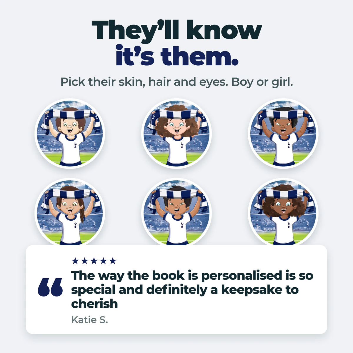 Sei dei personaggi del Tottenham Hotspur che puoi creare: tre bambine e tre bambini, in tutte e sei le tonalità di pelle.