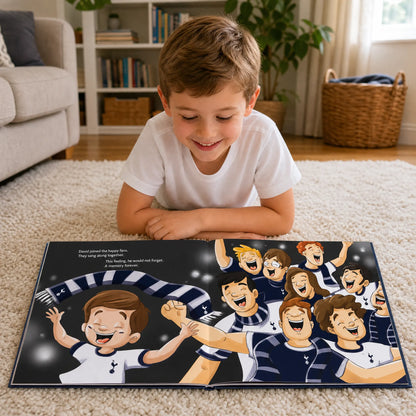 A boy lying on the living-room rug reading his Tottenham Hotspur Personalised Book, open at the spread where he joins the singing fans.