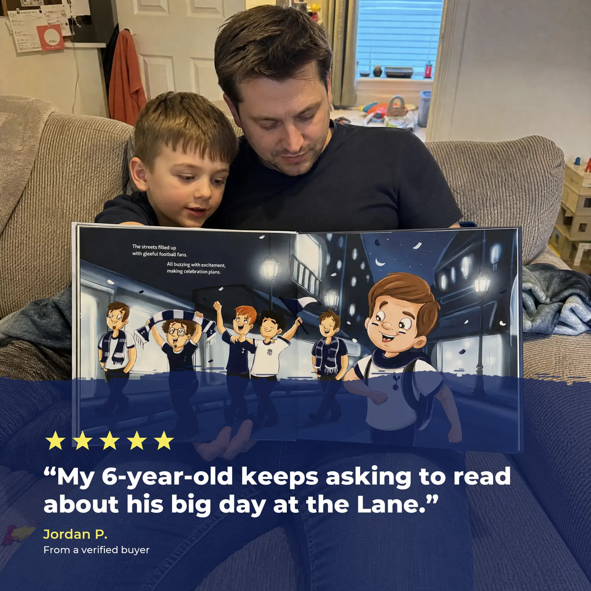 A father and his son on the sofa reading the Tottenham Hotspur Personalised Book together, over a five-star review from a verified buyer.