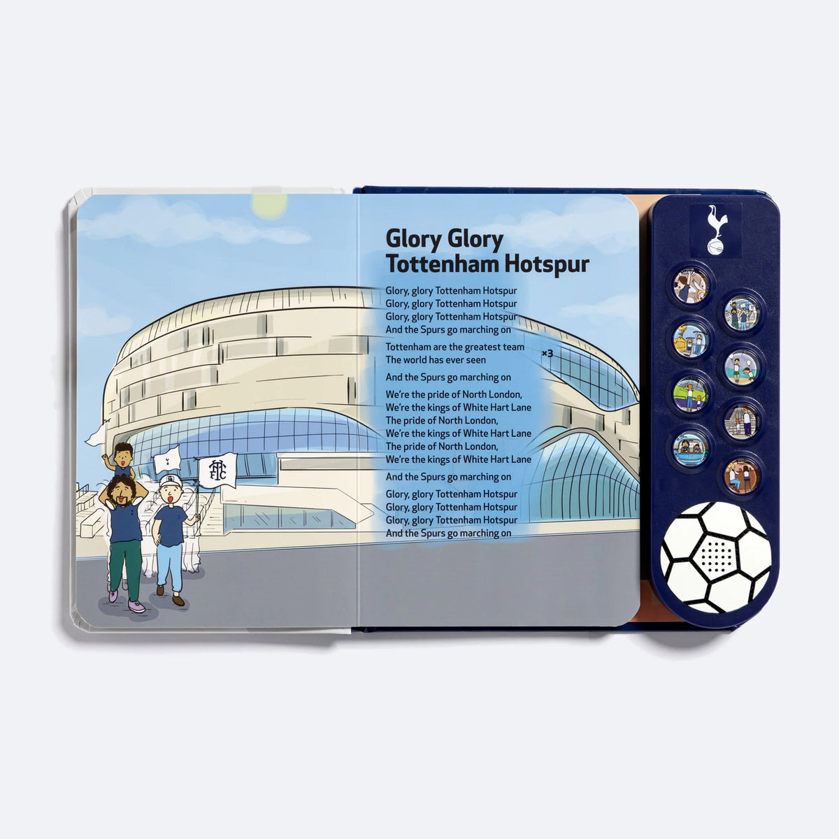 The Tottenham Hotspur Sound Book lying open at the Glory Glory Tottenham Hotspur spread, the stadium illustrated across the left page and the full chant lyrics on the right, with the eight sound buttons and the football speaker down the side.