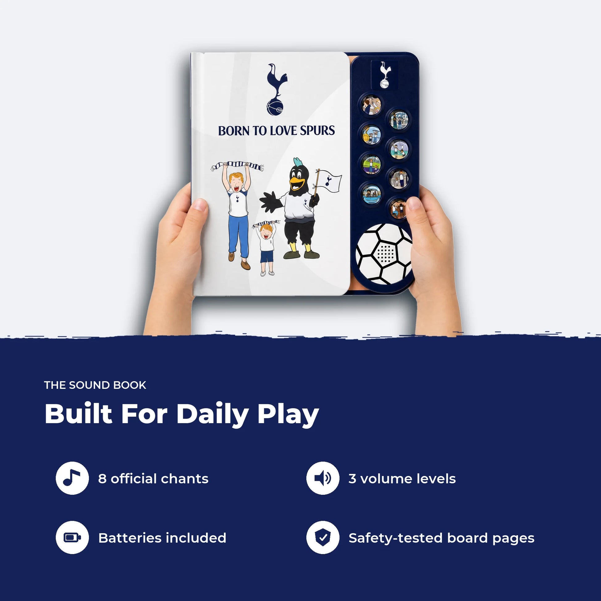 Two hands holding the Tottenham Hotspur Sound Book, showing its size, with four features listed beside it.