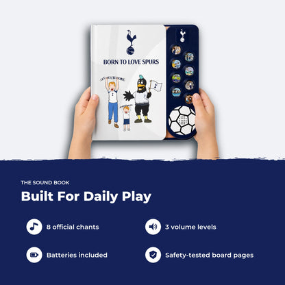 Two hands holding the Tottenham Hotspur Sound Book, showing its size, with four features listed beside it.