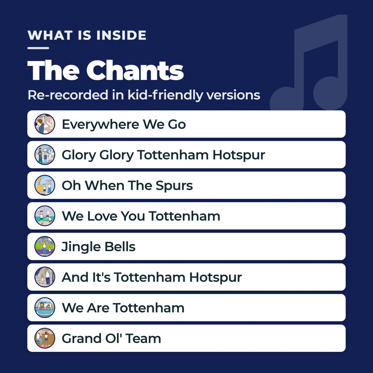The eight Tottenham Hotspur chants in the Sound Book, each listed beside its own illustrated sound button: Everywhere We Go, Glory Glory Tottenham Hotspur, Oh When The Spurs, We Love You Tottenham, Jingle Bells, And It's Tottenham Hotspur, We Are Tottenham, Grand Ol' Team.