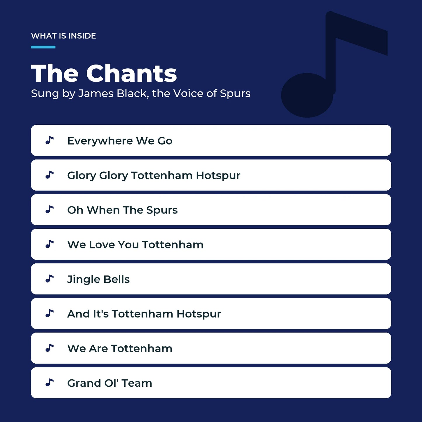 The eight Tottenham Hotspur chants in the Sound Book, sung by James Black, the Voice of Spurs.