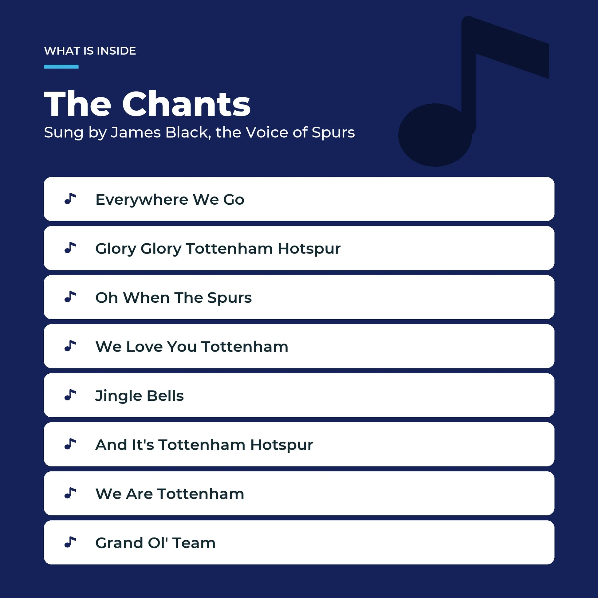 The eight Tottenham Hotspur chants in the Sound Book, sung by James Black, the Voice of Spurs.