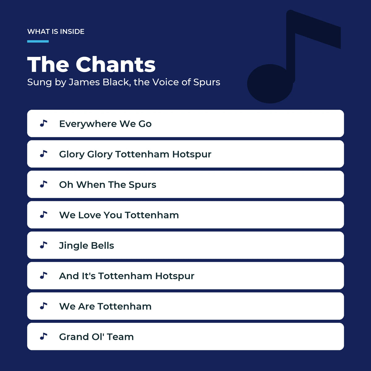 The eight Tottenham Hotspur chants in the Sound Book, sung by James Black, the Voice of Spurs.