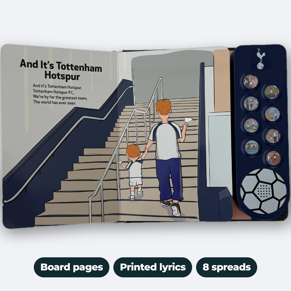 The Tottenham Hotspur Sound Book open flat at And It's Tottenham Hotspur, showing the printed lyrics, the illustration and the sound panel: board pages, printed lyrics, eight spreads.
