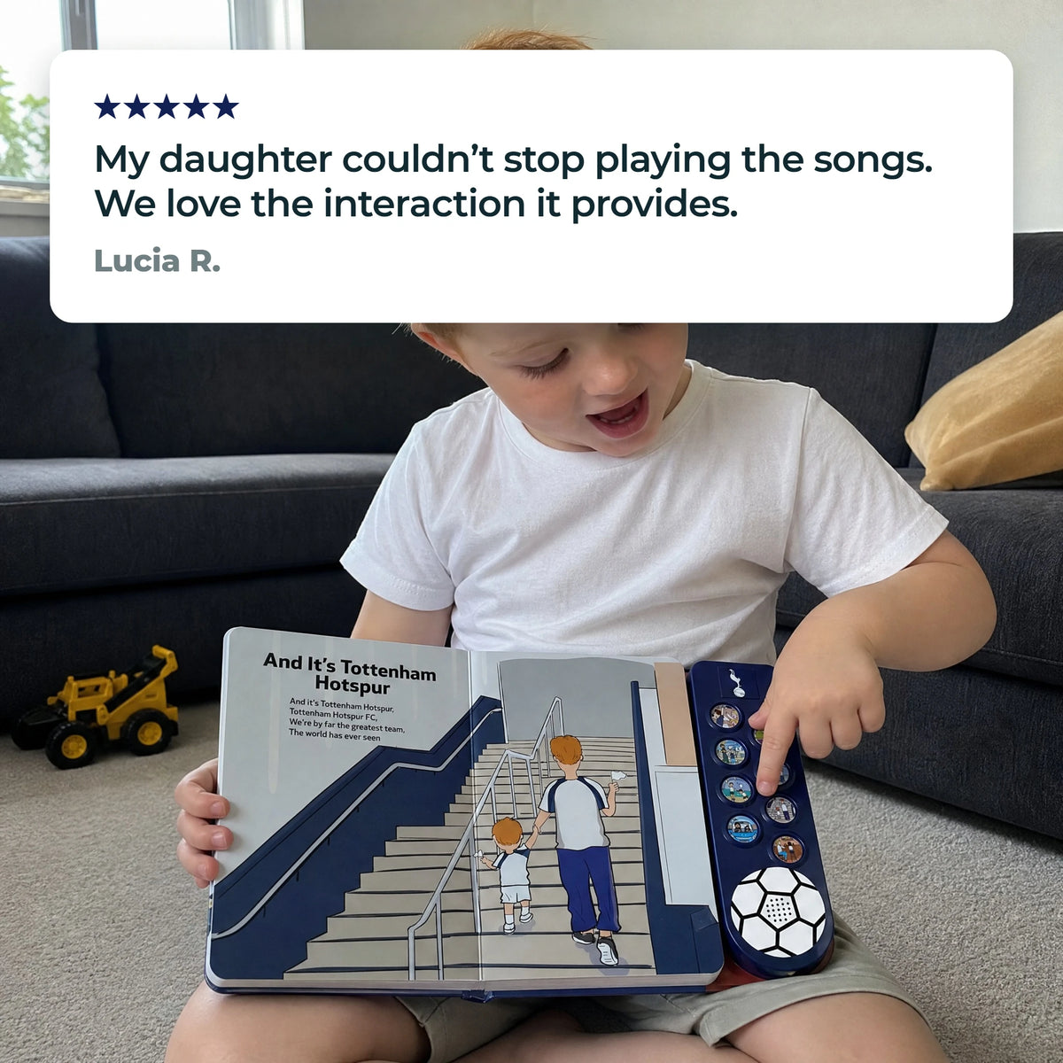 A young child with the Tottenham Hotspur Sound Book open on their lap, a fingertip on one of the sound buttons, beside a five-star customer review.