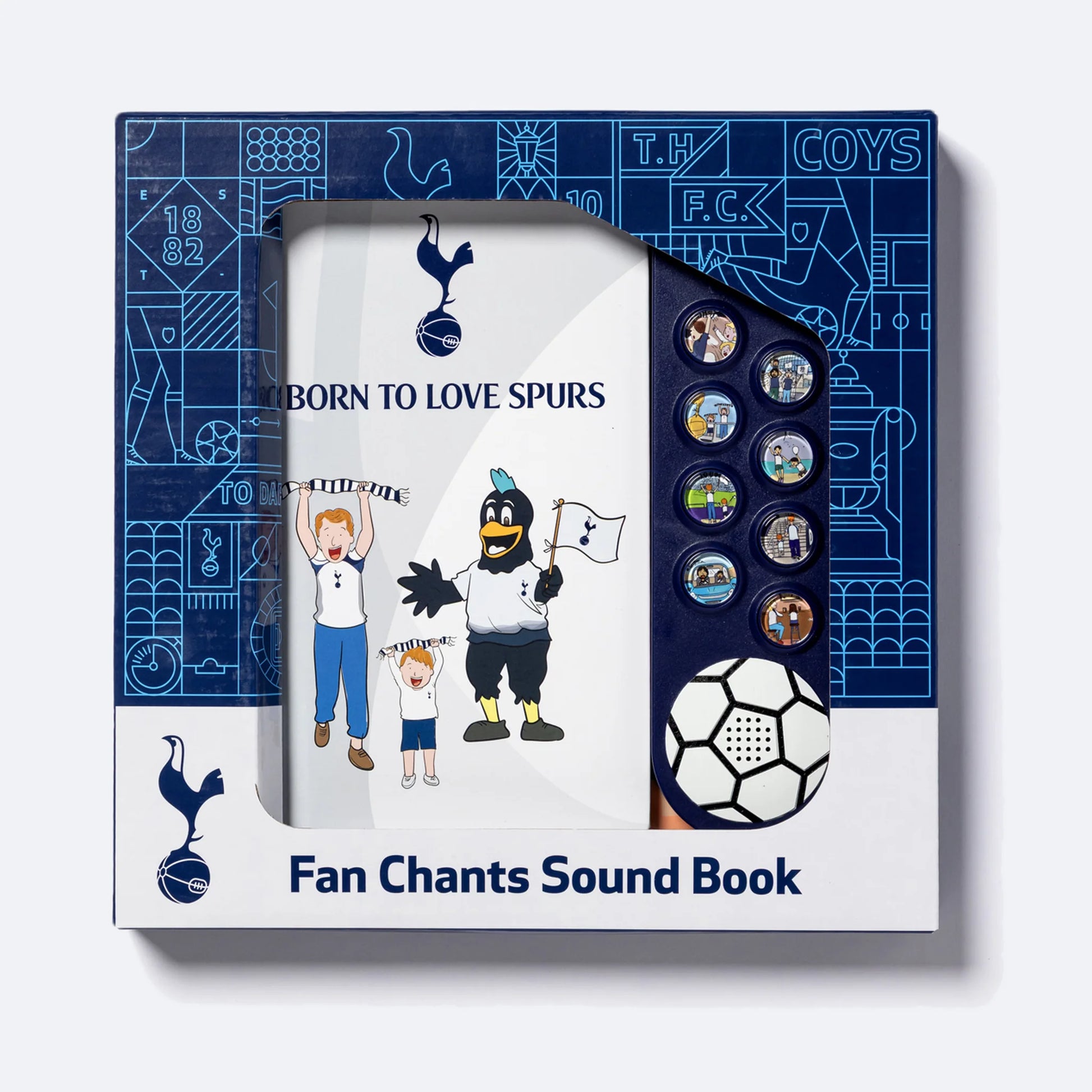 The Tottenham Hotspur Sound Book in its retail box, shown from above, the book visible through the window with its cover and the football speaker.