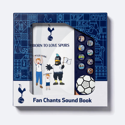 The Tottenham Hotspur Sound Book in its retail box, shown from above, the book visible through the window with its cover and the football speaker.
