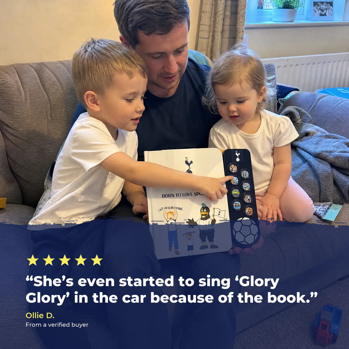 A father and his two children on the sofa with the Tottenham Hotspur Sound Book, over a five-star review from a verified buyer.
