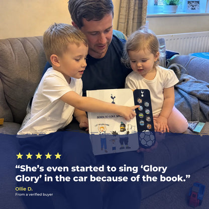 A father and his two children on the sofa with the Tottenham Hotspur Sound Book, over a five-star review from a verified buyer.