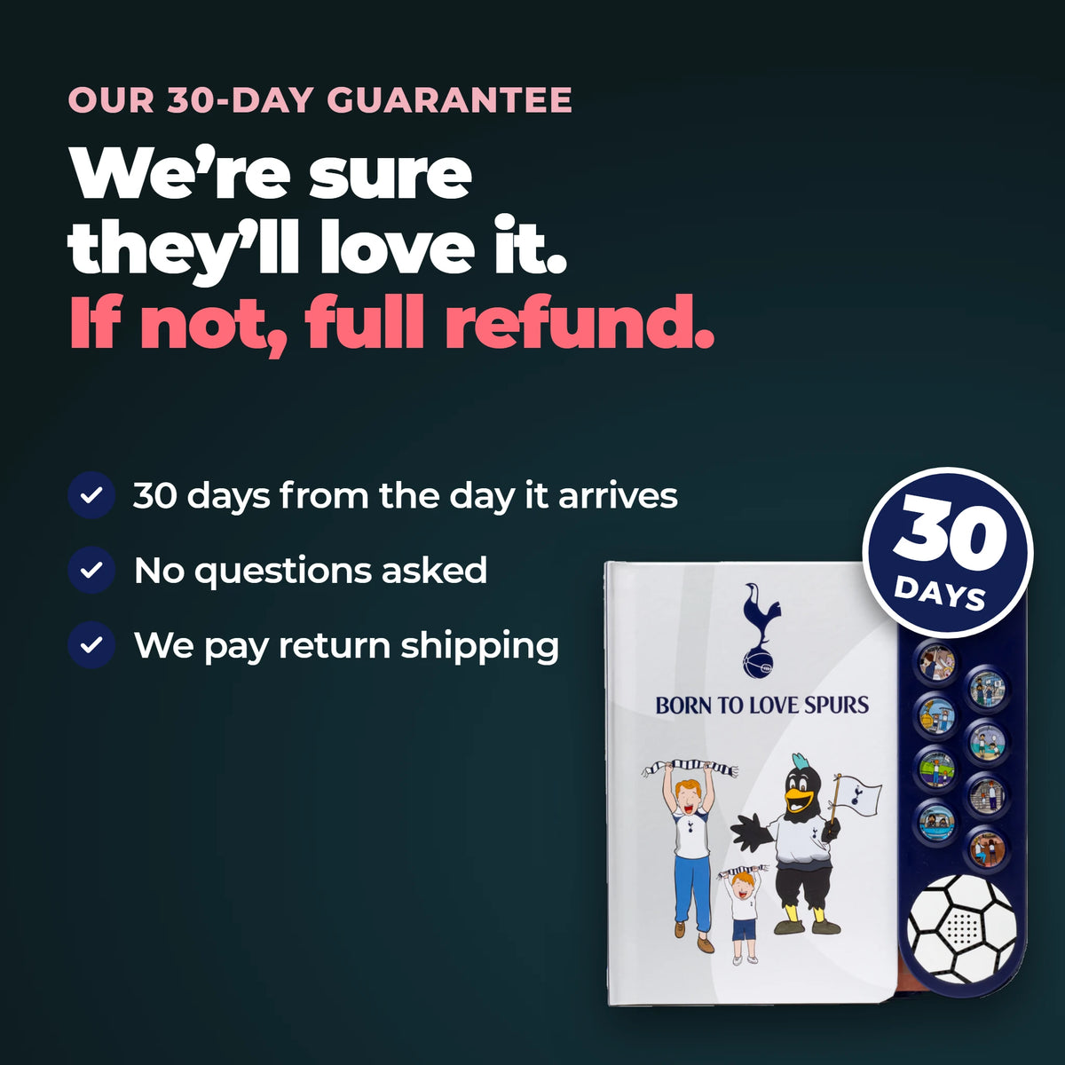 Our thirty-day guarantee on the Tottenham Hotspur Sound Book: thirty days from the day it arrives, no questions asked, and we pay return shipping.