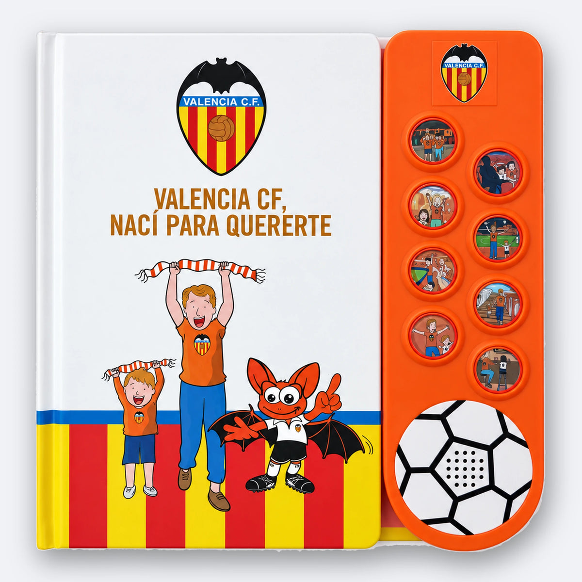 Valencia CF Fan Chants Sound Book, closed, showing the cover and the eight illustrated sound buttons on the moulded panel.