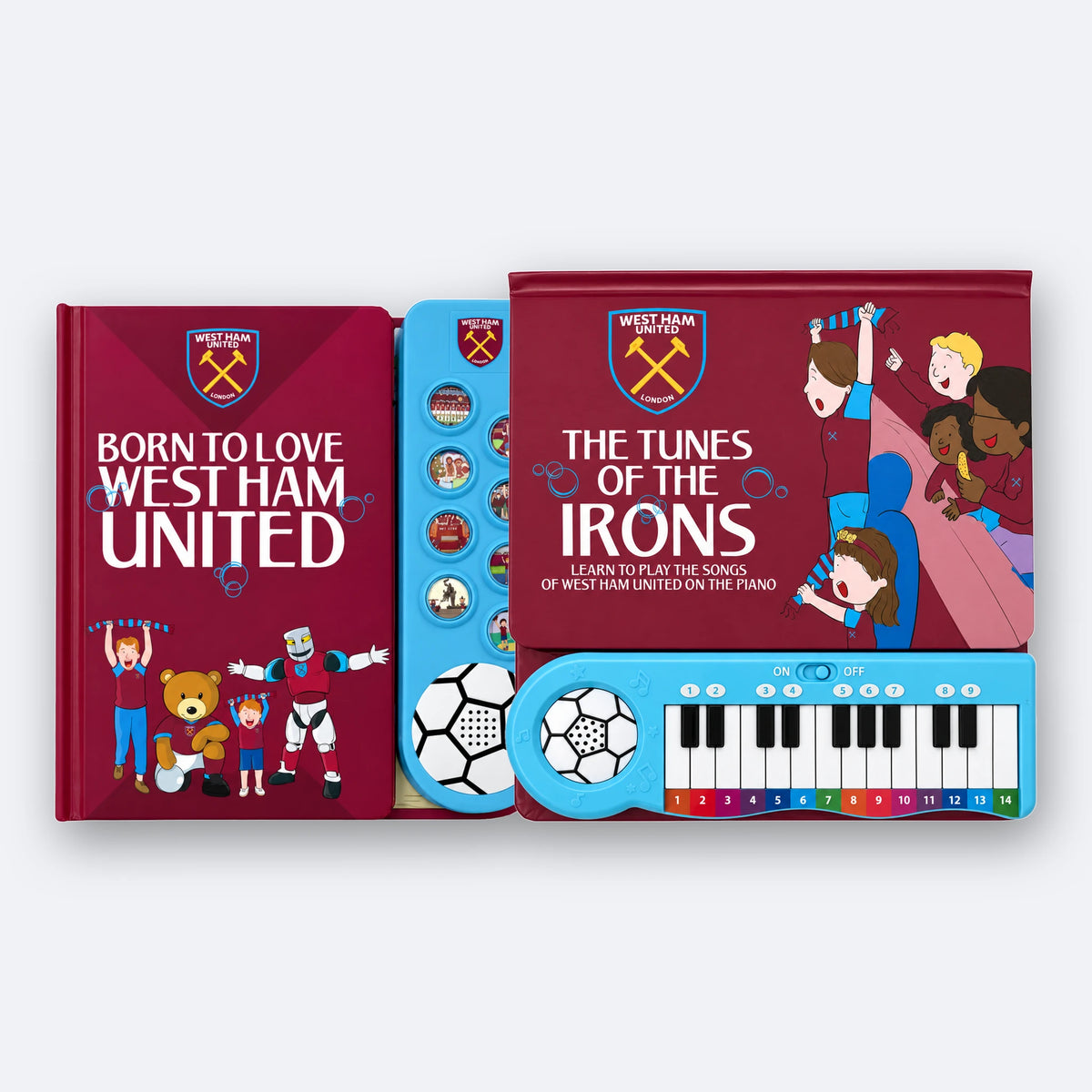 El libro de sonidos y el Libro de Piano del West Ham United juntos, uno al lado del otro.
