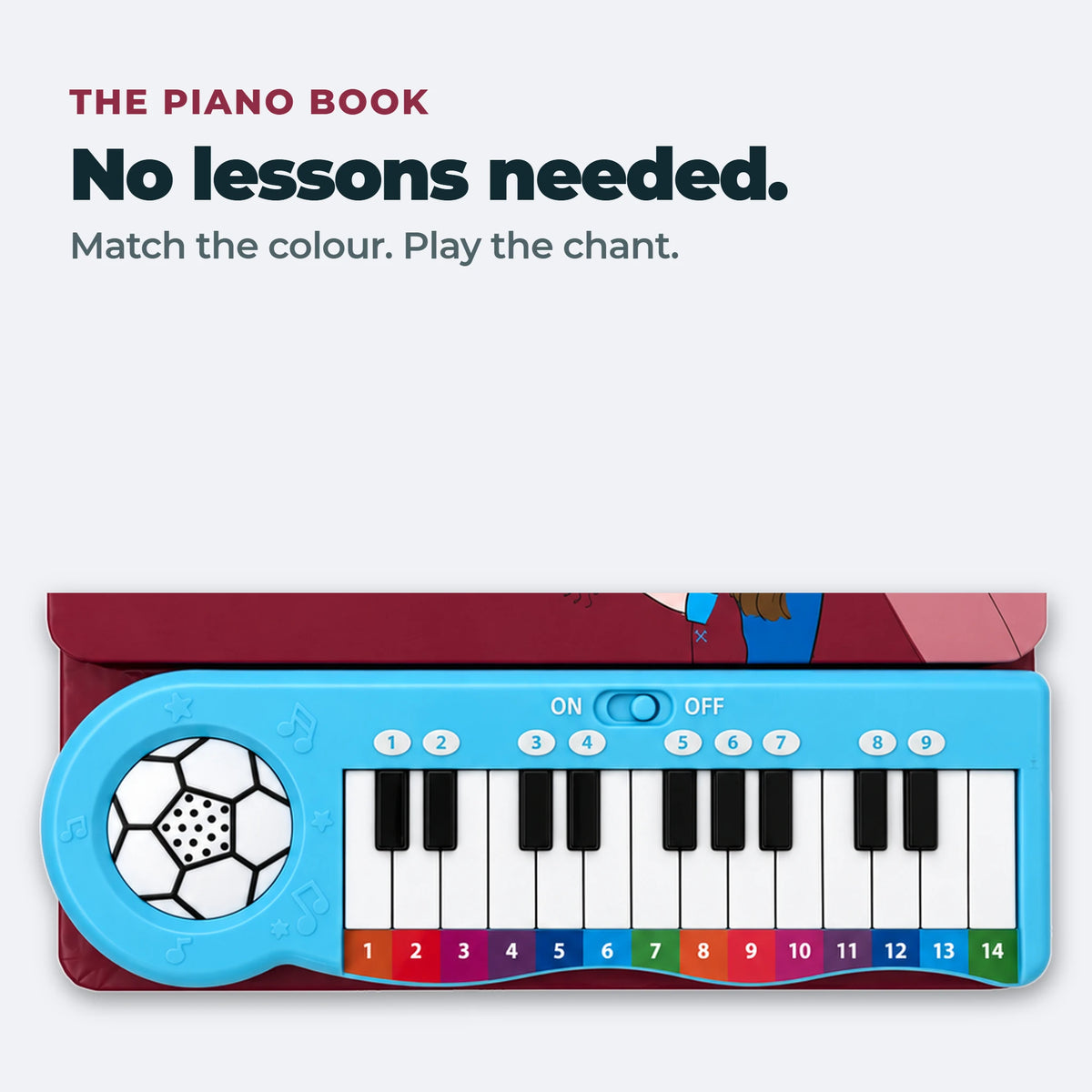 The West Ham United Piano Book's keyboard: fourteen numbered, colour-coded keys, so a child can play a chant with no lessons.