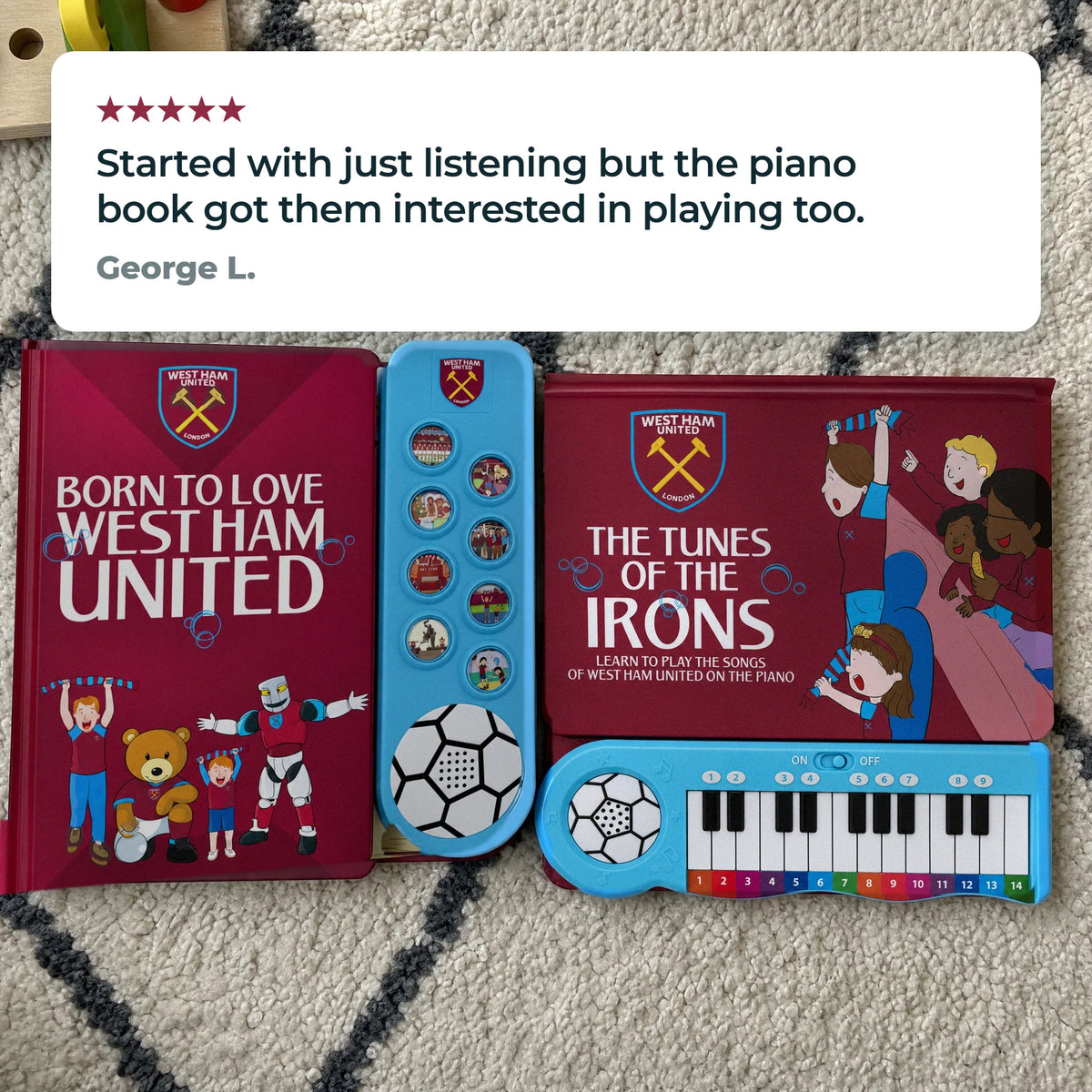 The West Ham United Sound Book and Piano Book lying together on a rug at home, with a five-star customer review.