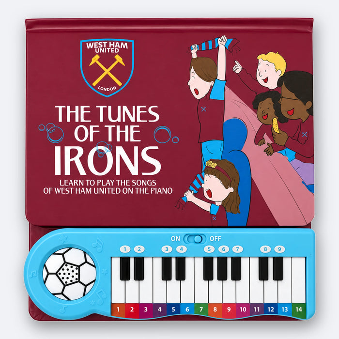 The West Ham United Piano Book, its cover, The Tunes of the Irons, above the built-in keyboard with fourteen keys marked by colour and number.